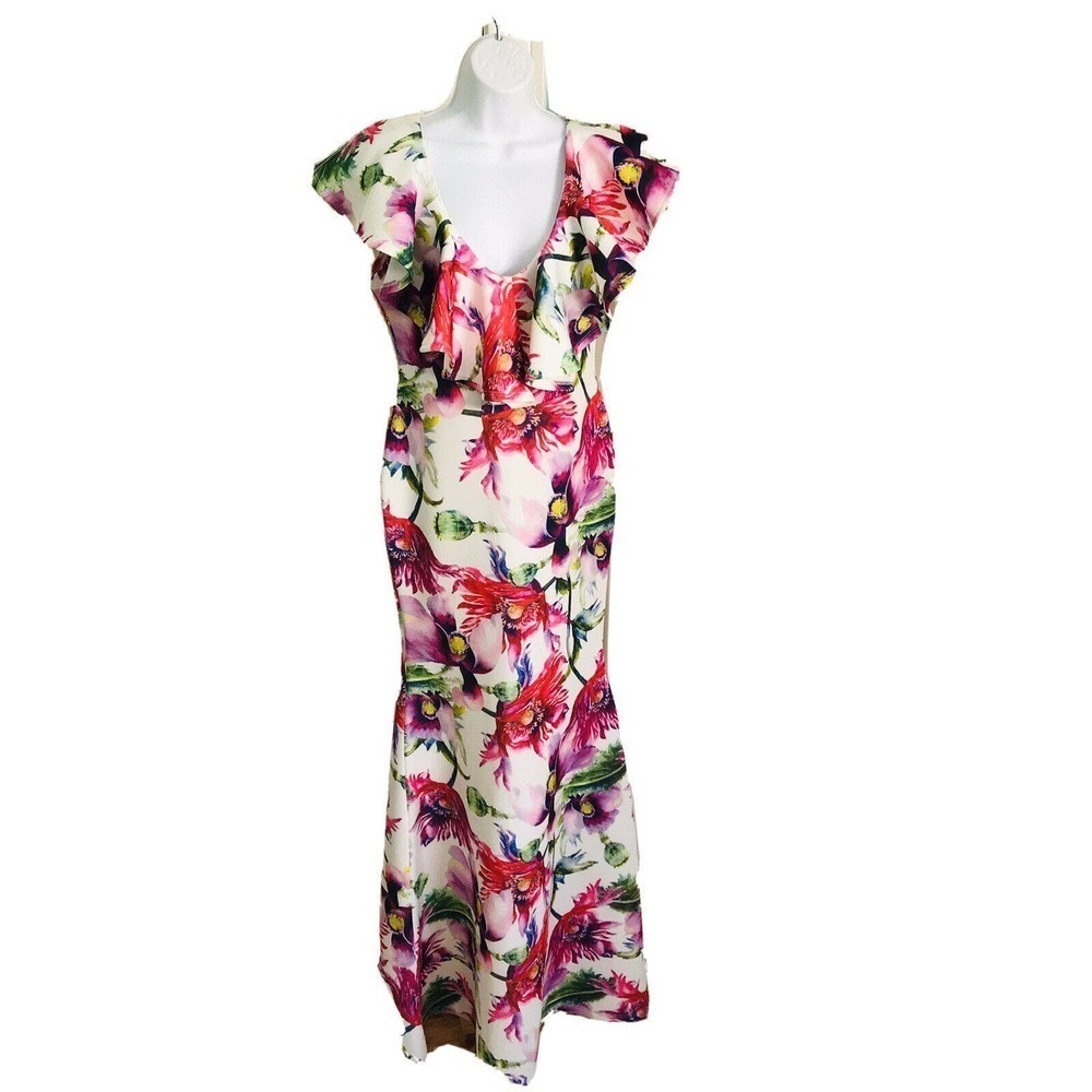 G1K Maxi Dress Bodycon Mermaid Style Floral Pattern Size M Ruffled V-Neck USA